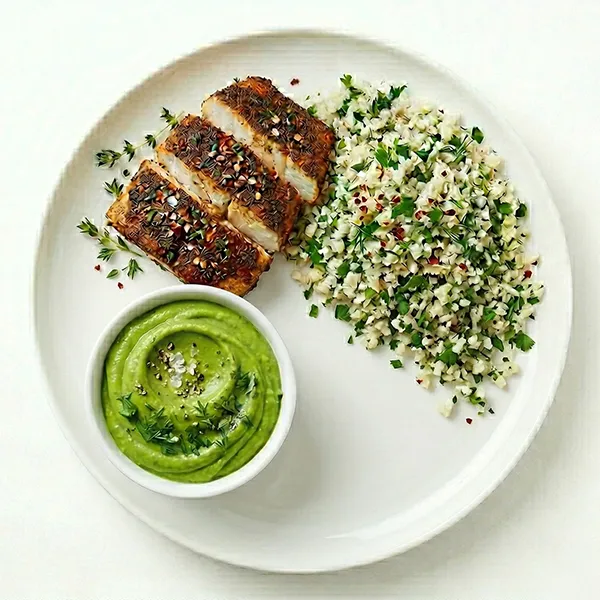 Cajun fish with Avocado Cream Sauce and herbed cauli rice